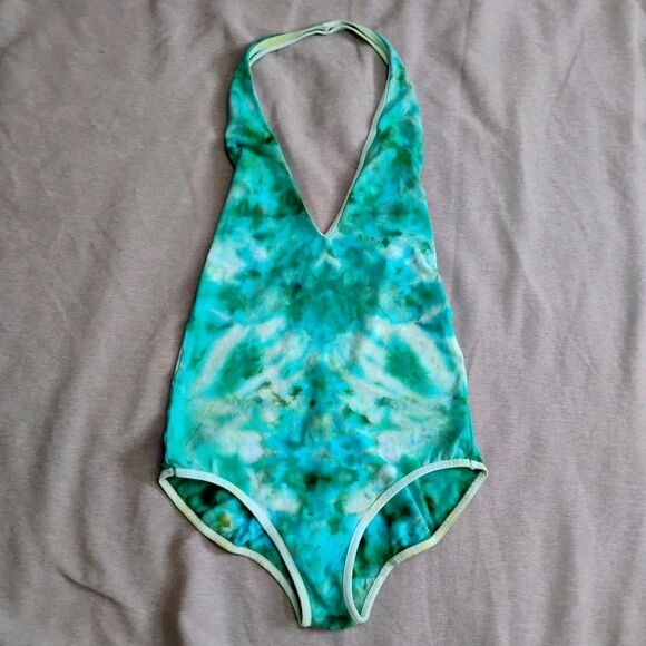 American Apparel Green Tie Dye Bodysuit Small Halter Neck Cotton Blend Festival - Picture 5 of 14